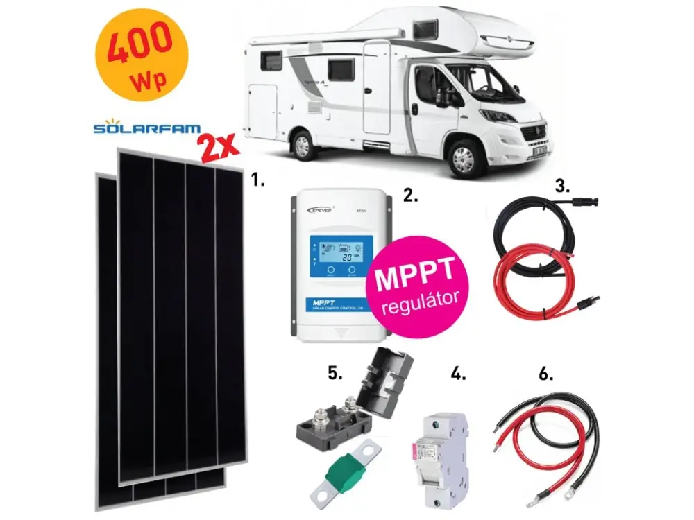 Cenově Výhodný 400Wp sestava KARAVAN - MPPT regulátor 2x panely Solarfarm