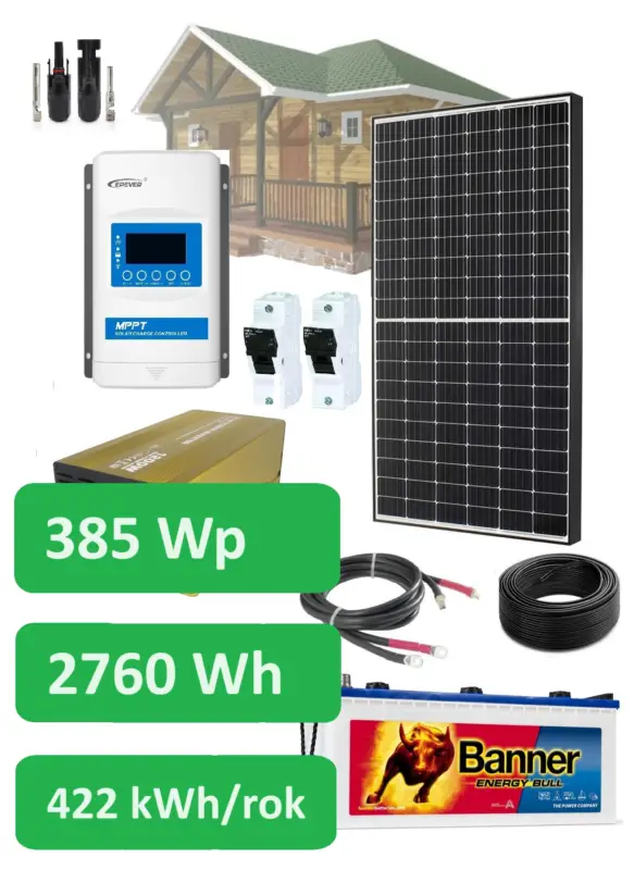 385Wp solární sestava BCH - 230V AC/230Ah, 385Wp/h, baterie Banner 12V, 230Ah, 2760W, měnič 1000W čistá sinusoida Přímo Od Výrobce