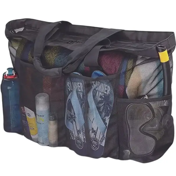 Výhodná Nabídka Síťovaná plážová taška 60x45x22 cm Extra velká taška z nylonu Prodyšná přenosná taška se zipem a kapsami Velkokapacitní úložná taška