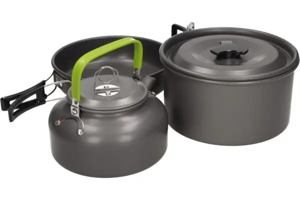 Speciální Cena Nádobí na vaření camping sada 3ks - pánev 18x4cm, hrnec s pokličkou 17x9cm, konev 0,5l
