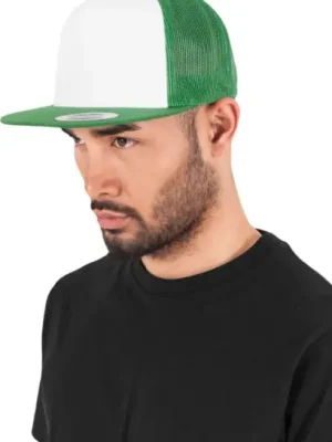 Značkový Čepice kšiltovka Snapback, FLEXFIT Yupoong Trucker, šíťkovaná, bílo-zelená