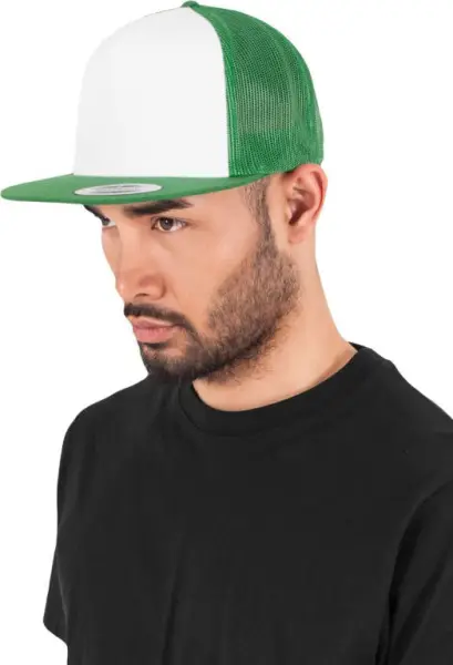 Značkový Čepice kšiltovka Snapback, FLEXFIT Yupoong Trucker, šíťkovaná, bílo-zelená