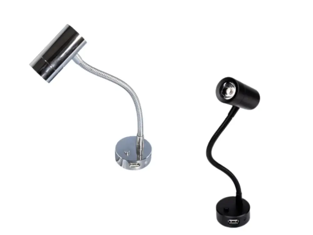 Hliníková LED lampička na čtení, 12V, USB port Zlevněný