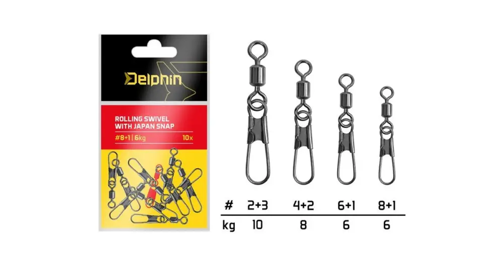 Omezená Nabídka Delphin Karabinka S Obratlíkem Rolling Swivel With Japan Snap 10 ks - Velikost 4+2 Nosnost 8 kg