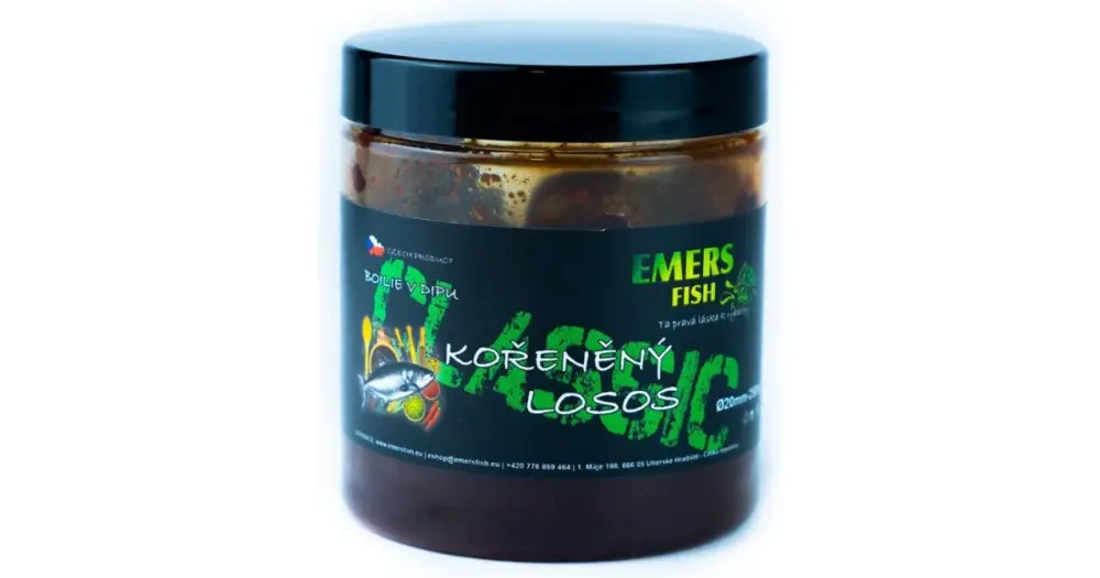 Emersfish Boilie Classic V Dipu Kořeněný Losos 20 mm 200 ml Autentický