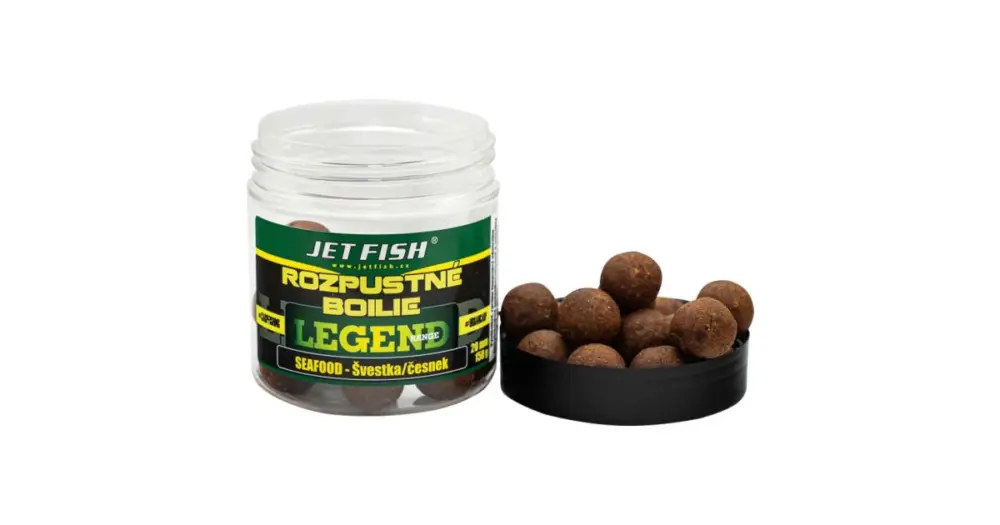 Super Cena Jet Fish Rozpustné Boilie Legend Range Seafood Švestka Česnek 250 ml - 20 mm