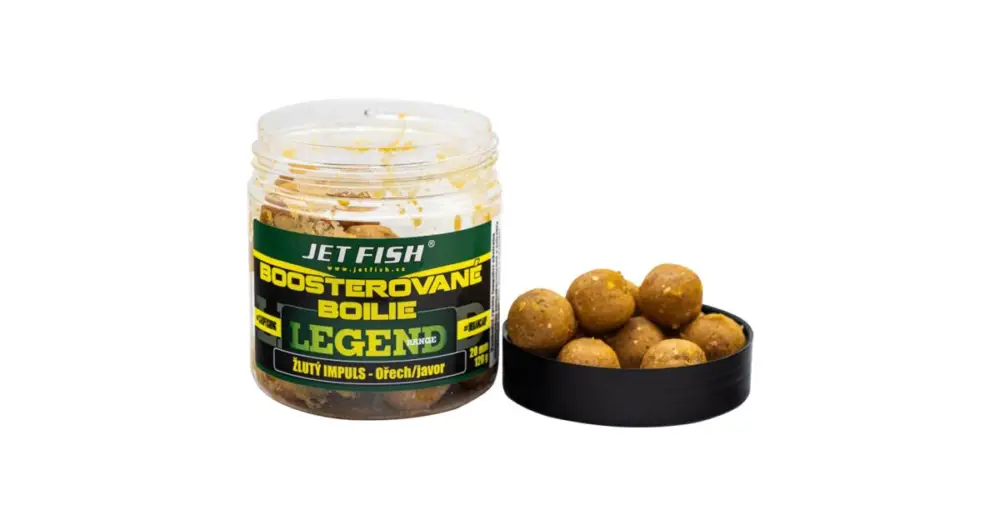 Hit Sezóny Jet Fish Boosterované Boilie Legend Range Žlutý Impuls Ořech Javor 250 ml - 20 mm