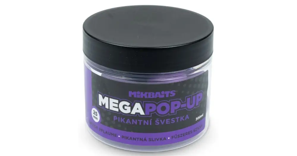 Mikbaits Mega Plovoucí Fluo Boilie Pikantní Švestka 300 ml 25 mm Vrácení Zdarma