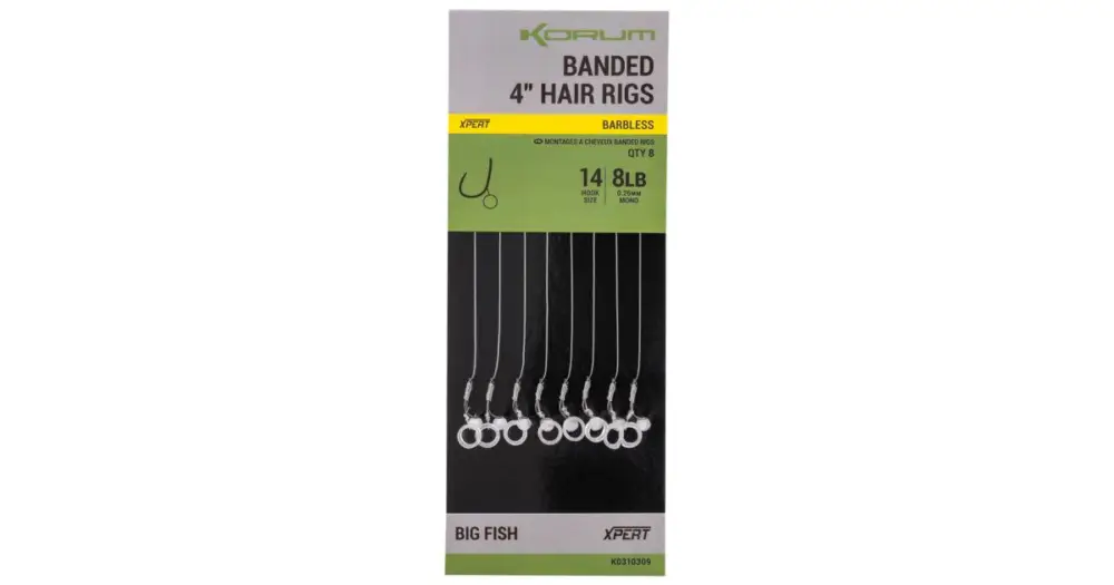 Časově Omezené Korum Návazec Banded Hair Rigs Barbless 8 ks Délka 4" - Velikost Háčku 14