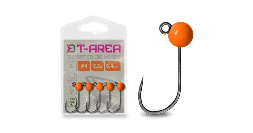 Originální Delphin Jigová Hlavička T-AREA BL Wolframový Jig Fluo Oranžový 5 ks - #6 / 0,6 g / 4 mm