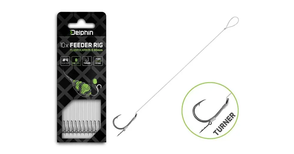 Delphin Návazec Feederový Fluoro Sting Turner 10 ks - Délka 8 cm Průměr 0,30 mm Háček #4 Nová Kolekce